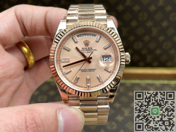 NOOB　ロレックスデイデイト40ｍｍ 228235ローズゴールド　ピンクゴールド文字盤　ダイヤインデックス　3255ムーブメント スーパーコピー