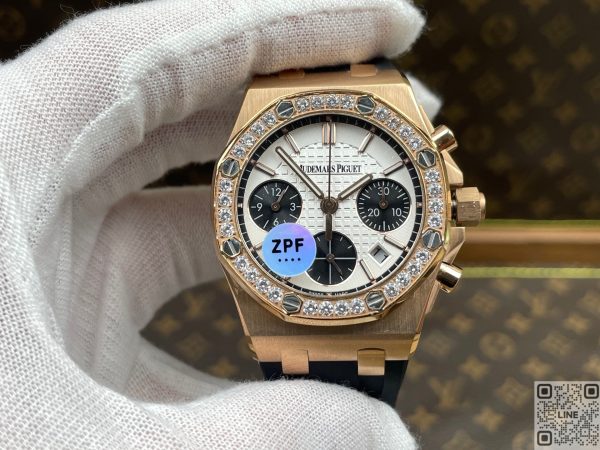 ZPF工場　オーデマ・ピゲ　 ロイヤルオーク オフショア レディ　26231OR　クロノグラフ 37mm ローズゴールド　ダイヤモンド入りベゼル　ホワイト文字盤　2385ムーブメント　スーパーコピー
