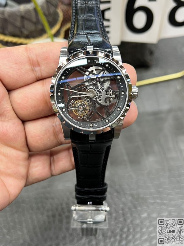 YS工場　　ロジェ・デュブイ　エクスカリバー スパイダー トゥールビヨン ヴォラント スクレット　45mm　ステンレススチール　ブラックレザーストラップ　スーパーコピー