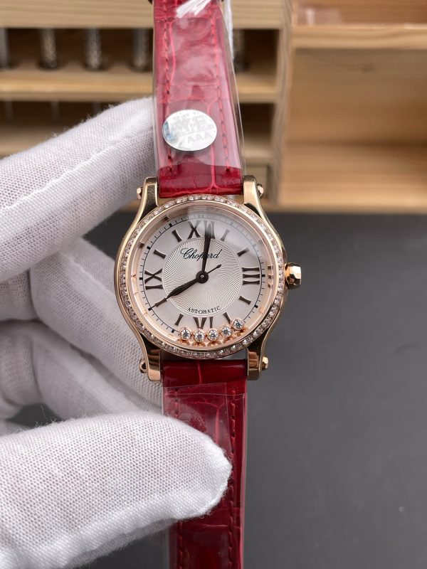 YF工場　ショパール　Happy Sport　33mm　ホワイト文字盤　ダイヤモンド入りベゼル　ローズゴールドケース　レッドストラップ　2892ムーブメント　スーパーコピー
