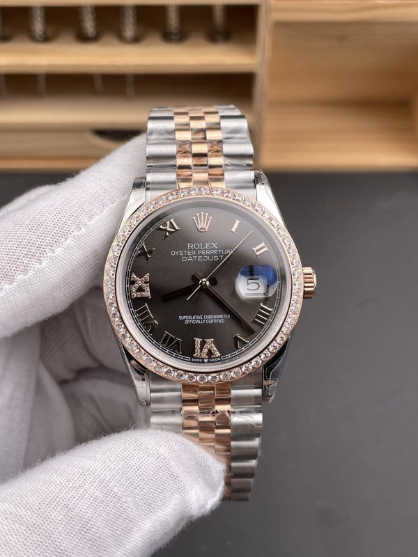 NOOB工場　ロレックス　デイトジャスト126281RBR　36mm　　スレートグレー文字盤　ダイヤモンド入りベゼル　コンビローズゴールド　ジュビリーブレス　3235ムーブメント　スーパーコピー