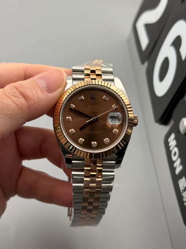 NOOB　ロレックスデイトジャスト41mm　126331　ダイヤモンド入りチョコレート文字盤　ローズゴールド　３２３５ムーブメント　ジュビリーブレス　スーパーコピー