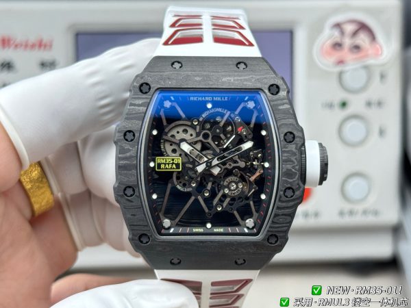 NEW Factory リシャール・ミル RM35-01 ラファエル・ナダル 最高級NTPTカーボン RMUL3一体式スケルトンムーブメント ホワイトラバーストラップ