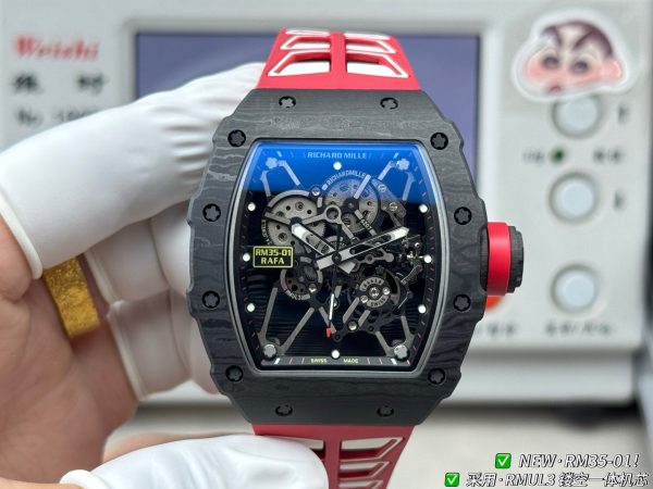 NEW Factory リシャール・ミル RM35-01 ラファエル・ナダル 最高級NTPTカーボン RMUL3一体式スケルトンムーブメント レッドラバーストラップ