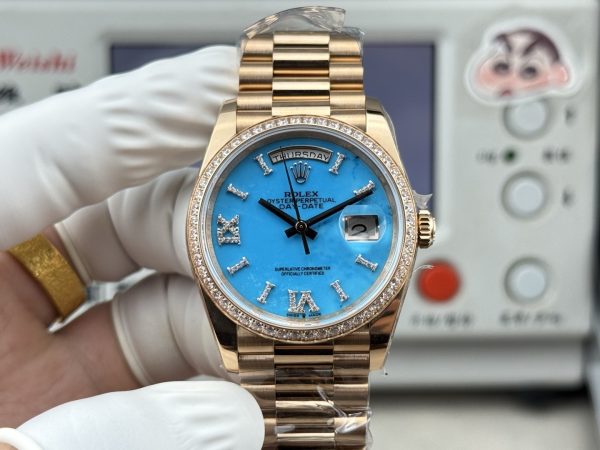 NOOB工場　ロレックスデイデイト36mm　128395　ターコイズブルーダイヤモンド入り文字盤　ダイヤモンド入りベゼル　ローズゴールド　3255ムーブメント　スーパーコピー