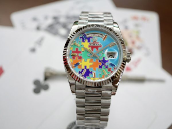 QH工場　ロレックス デイデイト　36mm　126234　パズルモチーフ 　ターコイズブルー文字盤　 内填シャンパンエナメル 　2834ムーブメント　スーパーコピー