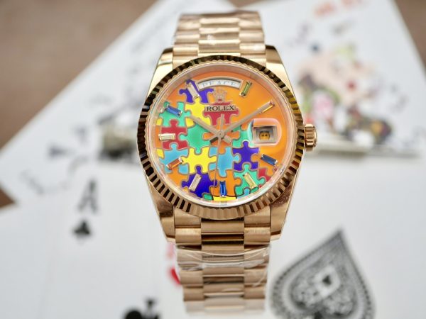 QH工場 　レックス デイデイト　36mm　126235 　パズルモチーフ オレンジ文字盤 　エバーローズゴールド 内填シャンパンエナメル　 2834ムーブメント　スーパーコピー